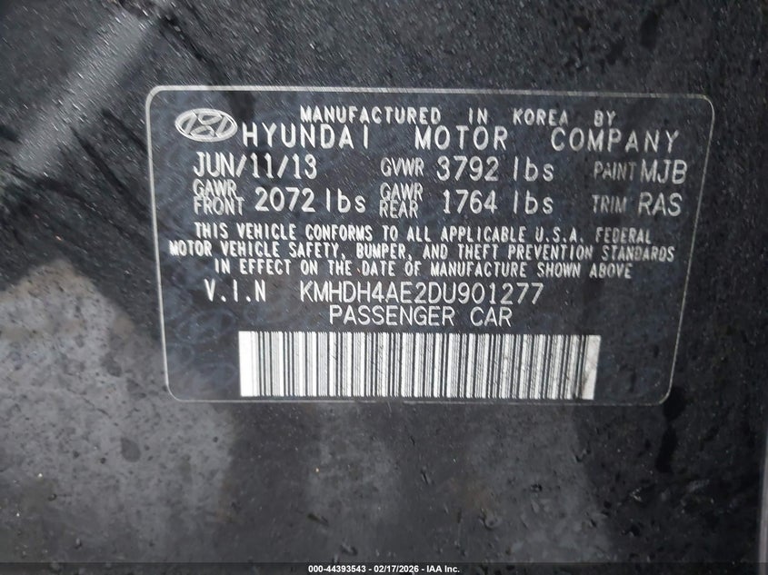 2013 Hyundai Elantra VIN KMHDH4AE2DU901277 IAAI salvage auction — REAR END, Salvage - Greater Than 75% (Maryland), sold $900 on 2026-07-15 (photo 9)
