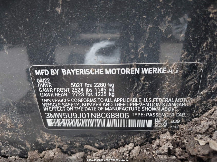2022 BMW 3er VIN 3MW5U9J01N8C68806 IAAI salvage auction — FRONT & REAR, Salvage (Vermont), sold $9,000 on 2026-07-28 (photo 9)