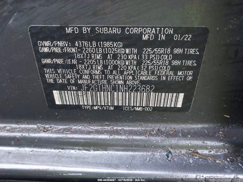 2022 Subaru Xv VIN JF2GTHNC1NH223682 IAAI salvage auction — ROLLOVER, Salvage (Oregon), sold $800 on 2026-07-14 (photo 9)