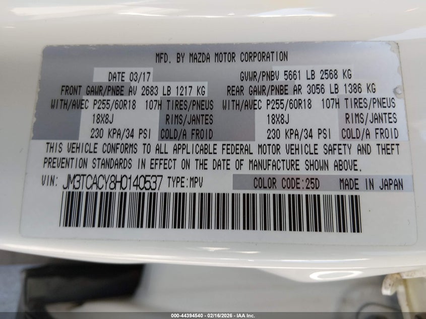 2017 Mazda Cx-9 VIN JM3TCACY8H0140537 IAAI salvage auction — LEFT & RIGHT, Salvage (Arizona), sold $4,050 on 2026-07-07 (photo 9)