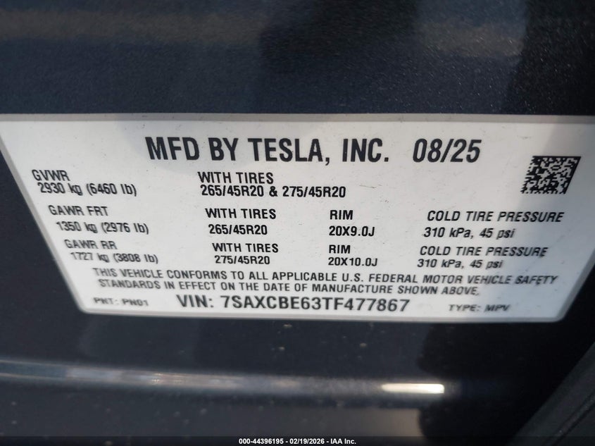 2026 Tesla Model x VIN 7SAXCBE63TF477867 IAAI salvage auction — FRONT END, Salvage Title, sold $51,775 on 2026-07-06 (photo 9)