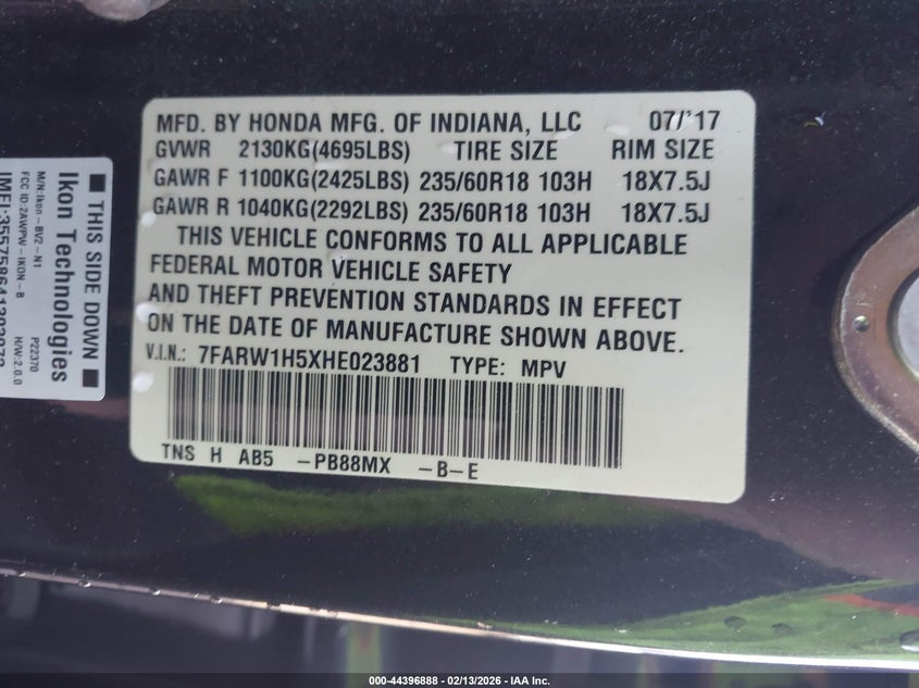 2017 Honda Cr-v VIN 7FARW1H5XHE023881 IAAI salvage auction — FRONT END, Clear (Oklahoma), sold $5,100 on 2026-07-15 (photo 9)