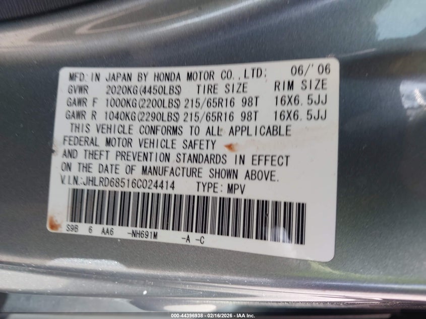 2006 Honda Cr-v VIN JHLRD68516C024414 IAAI salvage auction — UNKNOWN, Rebuildable (Florida), sold $875 on 2026-07-06 (photo 9)