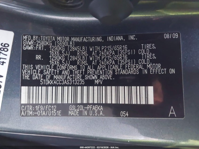 2010 Toyota Sienna VIN 5TDKK4CC3AS313235 IAAI salvage auction — LEFT SIDE, Salvage (New Jersey), sold $1,000 on 2026-07-13 (photo 9)