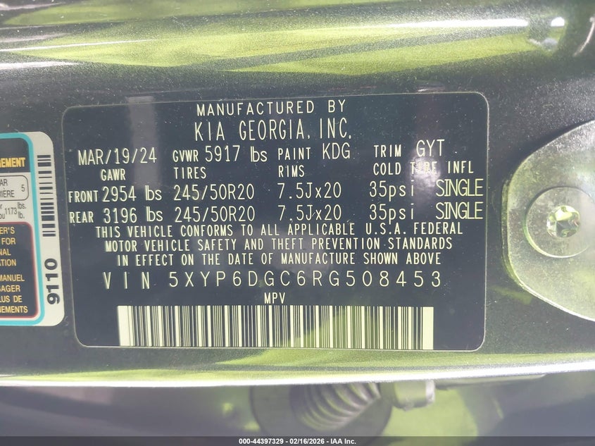 2024 Kia Telluride VIN 5XYP6DGC6RG508453 IAAI salvage auction — REAR END, Clear (Michigan), sold $8,650 on 2026-07-16 (photo 9)