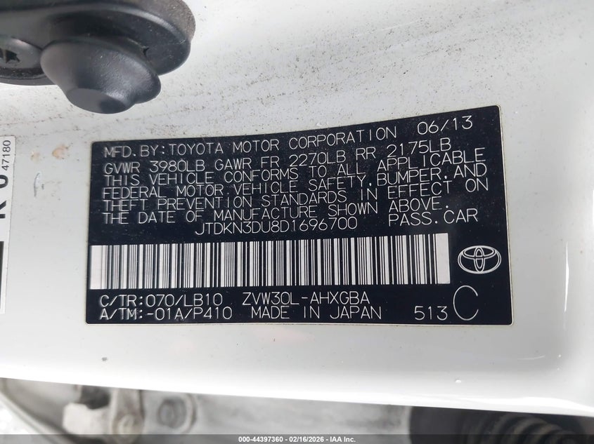 2013 Toyota Prius VIN JTDKN3DU8D1696700 IAAI salvage auction — ELECTRICAL, Salvage Title, sold $4,300 on 2026-07-07 (photo 9)