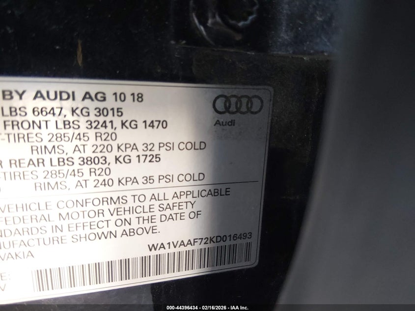 2019 Audi Q7 VIN WA1VAAF72KD016493 IAAI salvage auction — FRONT END, Salvage Title, sold $3,150 on 2026-07-08 (photo 9)