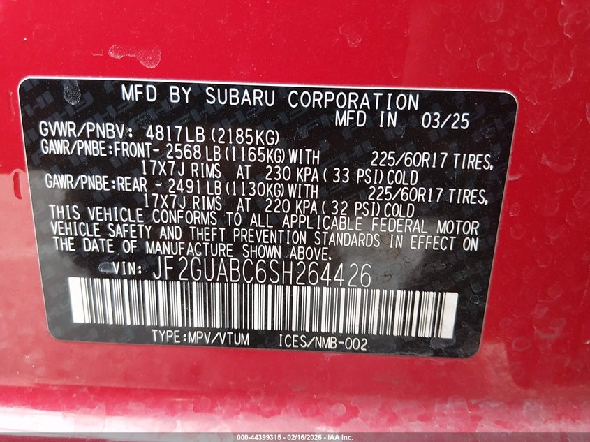 2025 Subaru Xv VIN JF2GUABC6SH264426 IAAI salvage auction — FRONT END, Salvage Title, sold $1,250 on 2026-08-03 (photo 9)