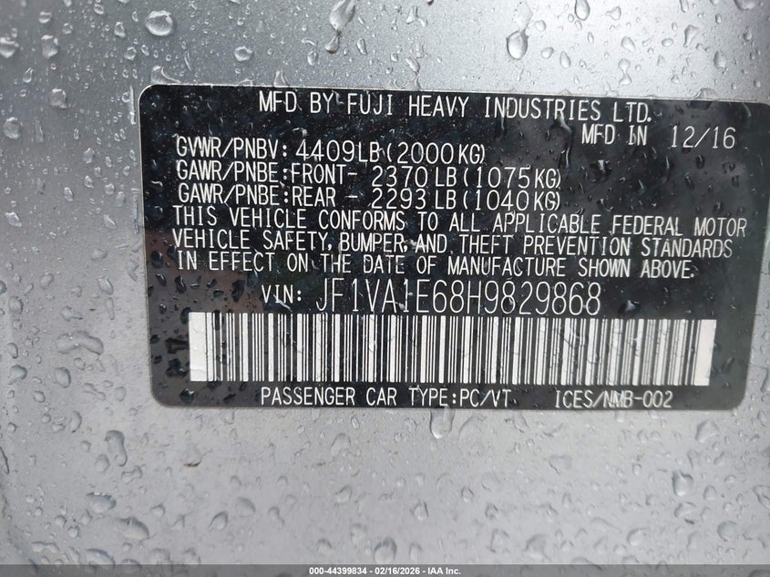 2017 Subaru Wrx VIN JF1VA1E68H9829868 IAAI salvage auction — RIGHT SIDE, Non-Repairable (California), sold $4,725 on 2026-07-24 (photo 9)