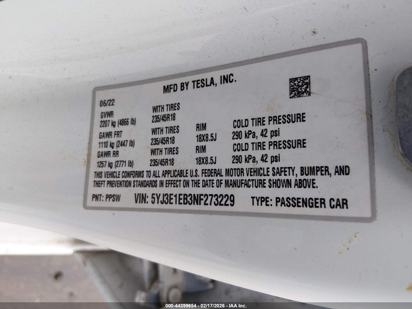 2022 Tesla Model 3 VIN 5YJ3E1EB3NF273229 IAAI salvage auction — FRONT END, Salvage (New Jersey), sold $11,000 on 2026-07-08 (photo 9)