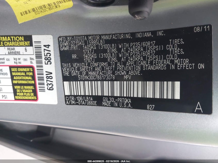 2011 Toyota Sienna VIN 5TDYK3DC7BS173078 IAAI salvage auction — RIGHT SIDE, Salvage - Greater Than 75% (Maryland), sold $2,100 on 2026-07-28 (photo 9)