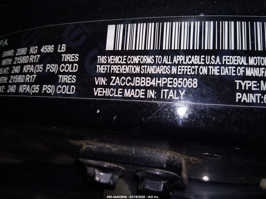 2017 Jeep Renegade VIN ZACCJBBB4HPE95068 IAAI salvage auction — FRONT END, Salvage (Vermont), sold $125 on 2026-07-16 (photo 9)