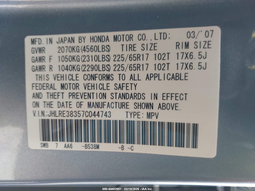 2007 Honda Cr-v VIN JHLRE38357C044743 IAAI salvage auction — FRONT END, Salvage (Idaho), sold $1,250 on 2026-07-11 (photo 9)