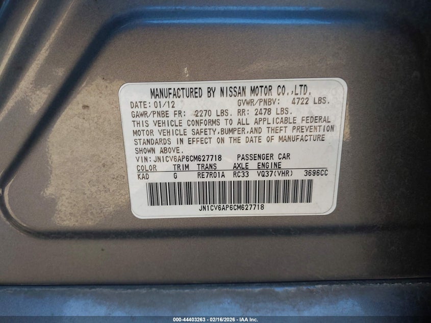 2012 Infiniti G VIN JN1CV6AP6CM627718 IAAI salvage auction — ALL OVER, Salvage Title, sold $400 on 2026-08-24 (photo 9)
