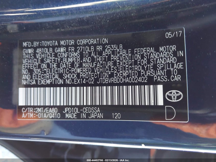 2017 Toyota Mirai VIN JTDBVRBD0HA002402 IAAI salvage auction — FRONT END, Salvage (California), sold $400 on 2026-08-22 (photo 9)