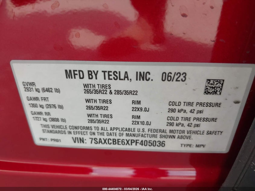2023 Tesla Model x VIN 7SAXCBE6XPF405036 IAAI salvage auction — RIGHT FRONT, Salvage Title, sold $28,500 on 2026-07-23 (photo 9)