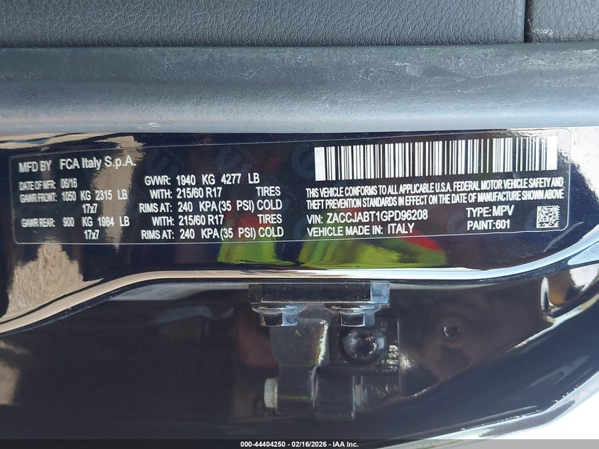 2016 Jeep Renegade VIN ZACCJABT1GPD96208 IAAI salvage auction — REAR END, Salvage (Hawaii), sold $175 on 2026-08-19 (photo 9)