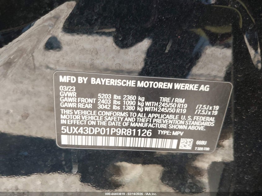 2023 BMW X3 VIN 5UX43DP01P9R81126 IAAI salvage auction — FRONT END, Salvage Title, sold $10,300 on 2026-08-05 (photo 9)