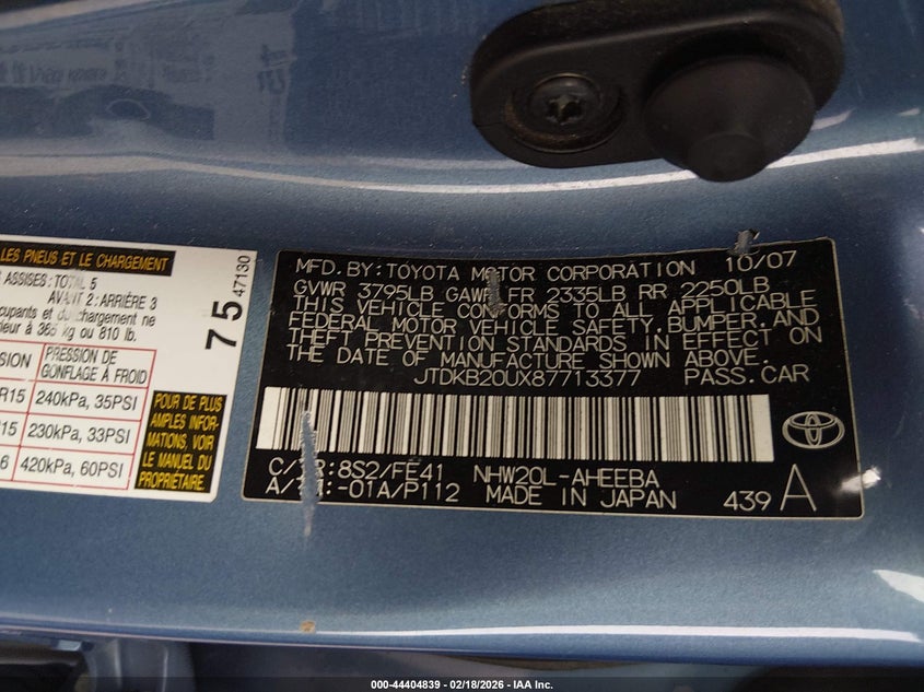 2008 Toyota Prius VIN JTDKB20UX87713377 IAAI salvage auction — RIGHT FRONT, Bill Of Sale (Colorado), sold $300 on 2026-07-21 (photo 9)