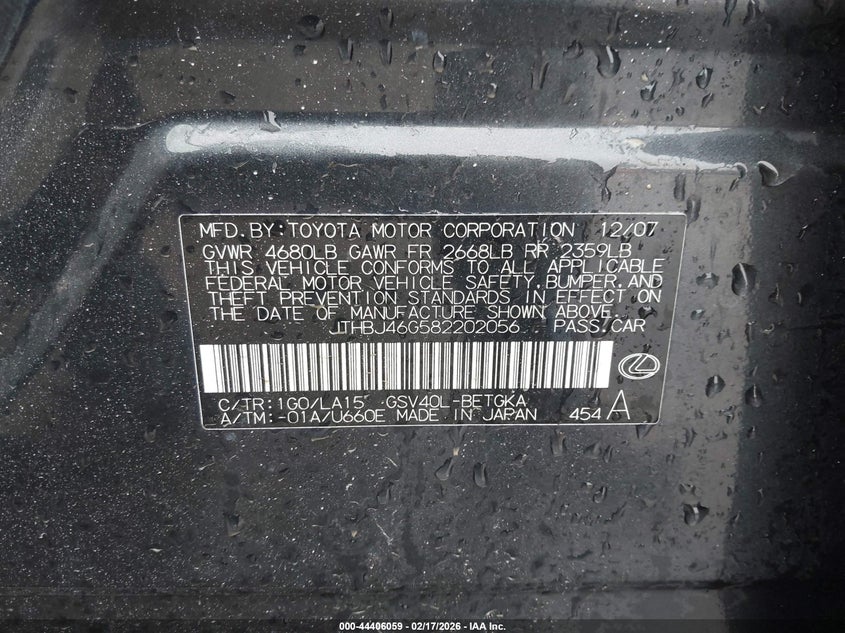 2008 Lexus Es 350 VIN JTHBJ46G582202056 IAAI salvage auction — FRONT END, Salvage (Missouri), sold $625 on 2026-07-16 (photo 9)