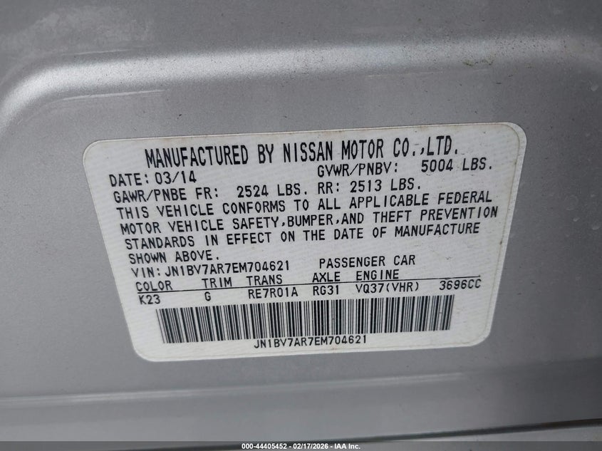 2014 Infiniti Q50 VIN JN1BV7AR7EM704621 IAAI salvage auction — ROOF, Salvage (Oregon), sold $4,250 on 2026-07-24 (photo 9)