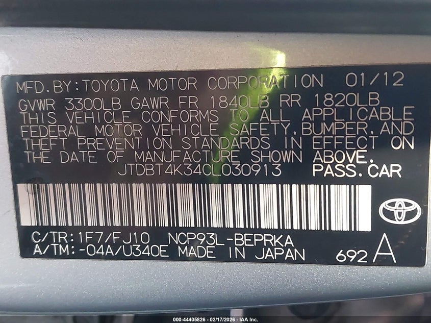 2012 Toyota Yaris VIN JTDBT4K34CL030913 IAAI salvage auction — FRONT END, Salvage Title, sold $775 on 2026-07-06 (photo 9)