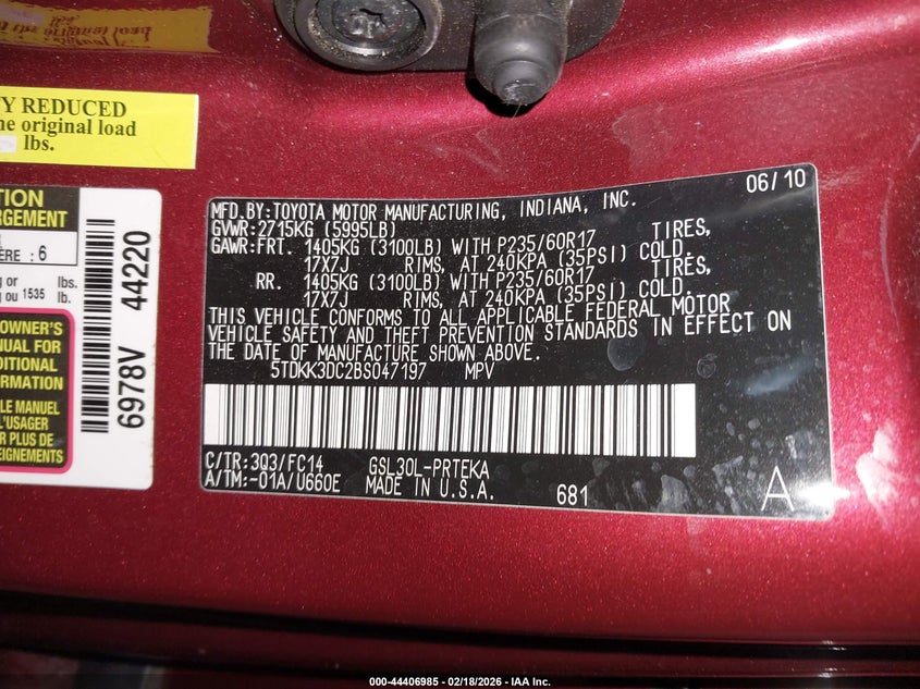 2011 Toyota Sienna VIN 5TDKK3DC2BS047197 IAAI salvage auction — RIGHT SIDE, Clear (Delaware), sold $1,450 on 2026-07-13 (photo 9)