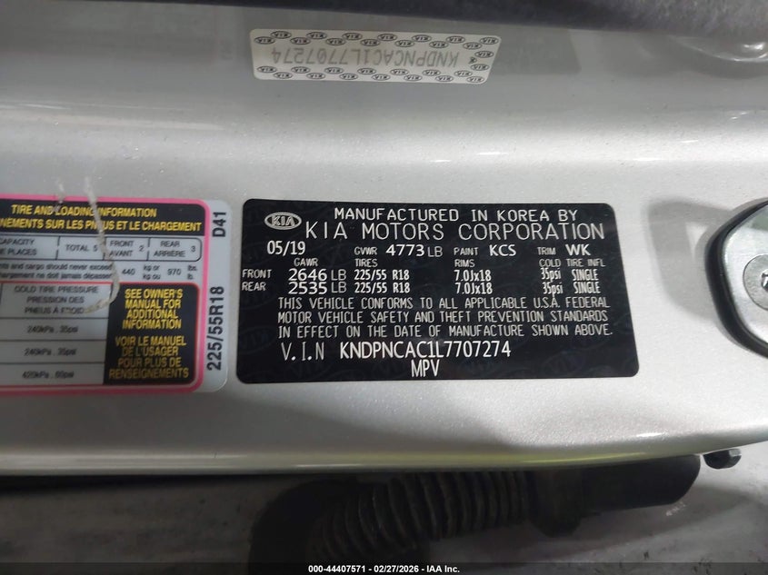 2020 Kia Sportage VIN KNDPNCAC1L7707274 IAAI salvage auction — FRONT END, Salvage Title, sold $4,350 on 2026-07-15 (photo 9)