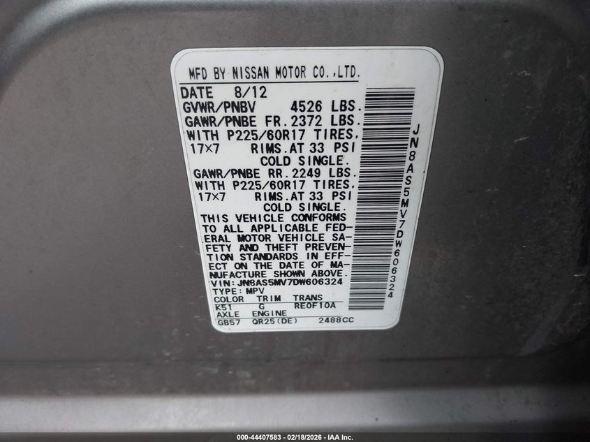 2013 Nissan Rogue VIN JN8AS5MV7DW606324 IAAI salvage auction — FRONT END, Salvage Title, sold $275 on 2026-07-07 (photo 9)