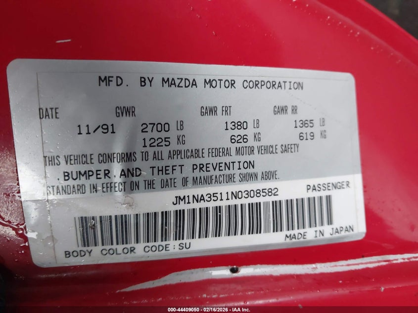 1992 Mazda Mx-5 miata VIN JM1NA3511N0308582 IAAI salvage auction — FRONT END, Salvage (California), sold $25 on 2026-07-21 (photo 9)