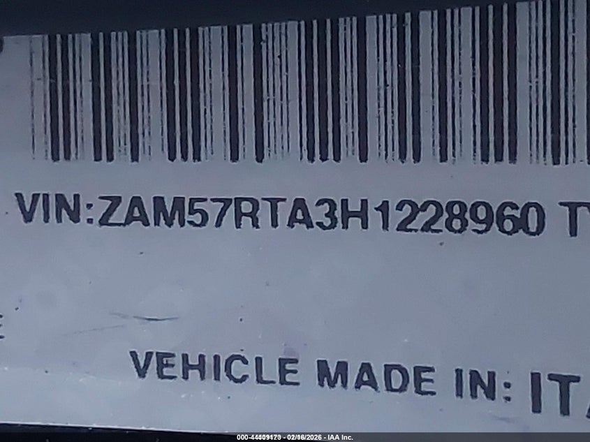 2017 Maserati Ghibli VIN ZAM57RTA3H1228960 IAAI salvage auction — LEFT REAR, Salvage (Massachusetts), sold $4,800 on 2026-08-11 (photo 9)