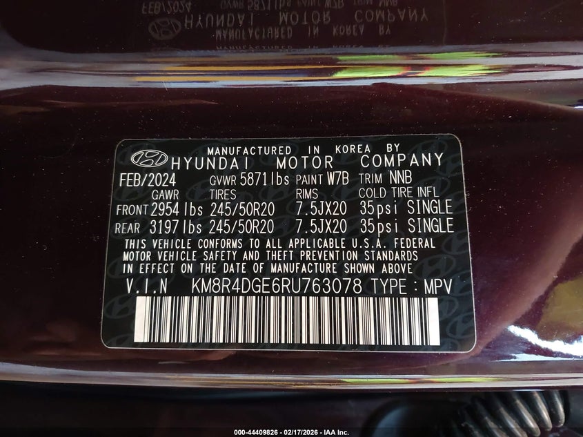 2024 Hyundai Palisade VIN KM8R4DGE6RU763078 IAAI salvage auction — LEFT REAR, Salvage (New Jersey), sold $14,200 on 2026-07-08 (photo 9)