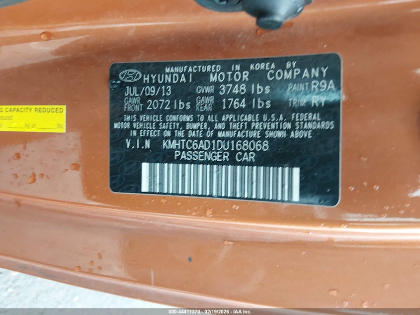 2013 Hyundai Veloster VIN KMHTC6AD1DU168068 IAAI salvage auction — FRONT END, Salvage Title, sold $225 on 2026-07-29 (photo 9)