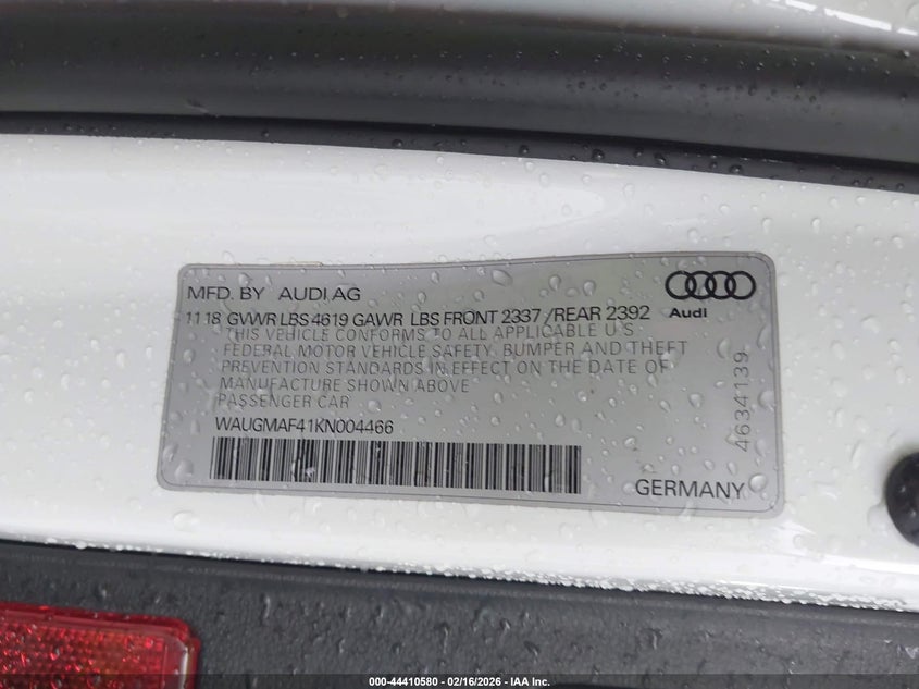 2019 Audi A4 VIN WAUGMAF41KN004466 IAAI salvage auction — LEFT FRONT, Salvage Title, sold $7,500 on 2026-07-09 (photo 9)