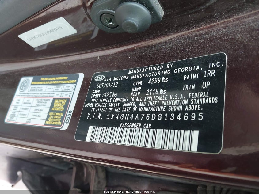 2013 Kia Optima VIN 5XXGN4A76DG134695 IAAI salvage auction — FRONT & REAR, Clear (Indiana), sold $800 on 2026-07-15 (photo 9)