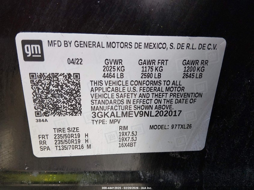 2022 Gmc Terrain VIN 3GKALMEV9NL202017 IAAI salvage auction — REAR END, Salvage Title, sold $8,600 on 2026-07-29 (photo 9)