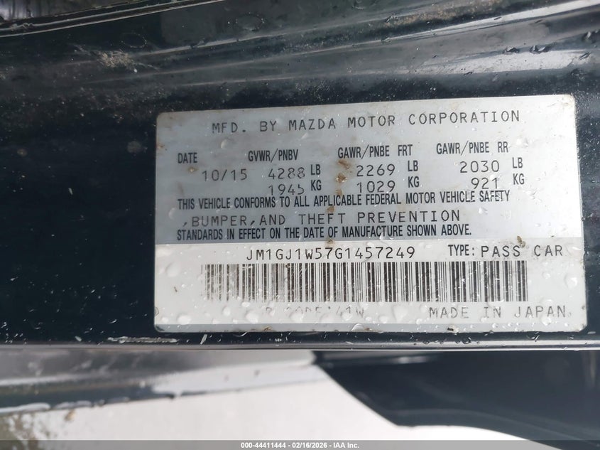 2016 Mazda 6 VIN JM1GJ1W57G1457249 IAAI salvage auction — BIO HAZARD, Salvage (Idaho), sold $475 on 2026-07-14 (photo 9)