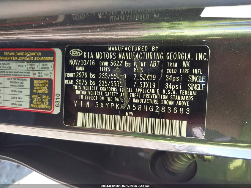 2017 Kia Sorento VIN 5XYPKDA58HG283683 IAAI salvage auction — LEFT FRONT, Salvage Title, sold $2,075 on 2026-07-23 (photo 9)