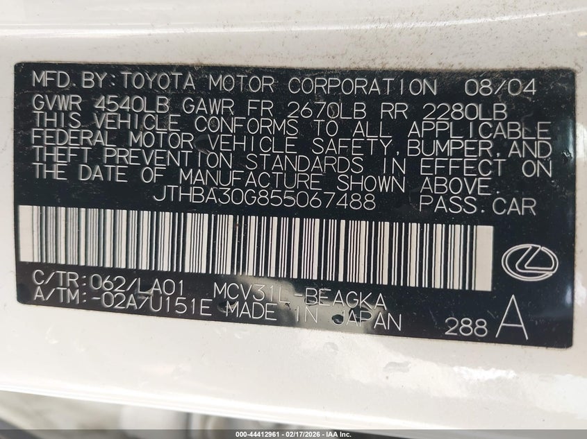 2005 Lexus Es 330 VIN JTHBA30G855067488 IAAI salvage auction — RIGHT SIDE, Salvage (California), sold $275 on 2026-07-15 (photo 9)