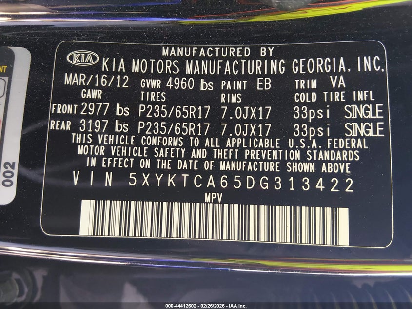 2013 Kia Sorento VIN 5XYKTCA65DG313422 IAAI salvage auction — THEFT, Other, sold $575 on 2026-07-28 (photo 9)