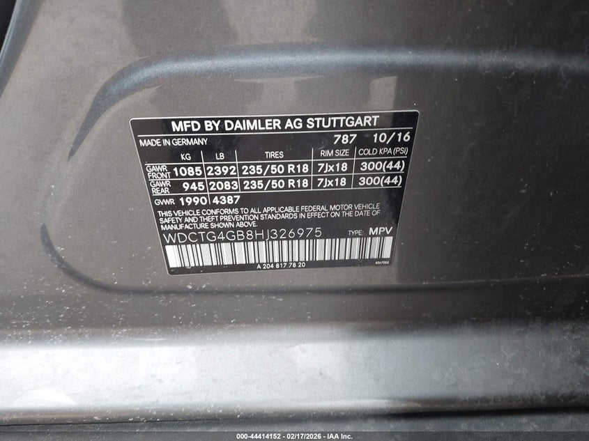 2017 Mercedes-benz Gla-klasse VIN WDCTG4GB8HJ326975 IAAI salvage auction — FRONT END, Salvage (Illinois), sold $1,800 on 2026-07-14 (photo 9)