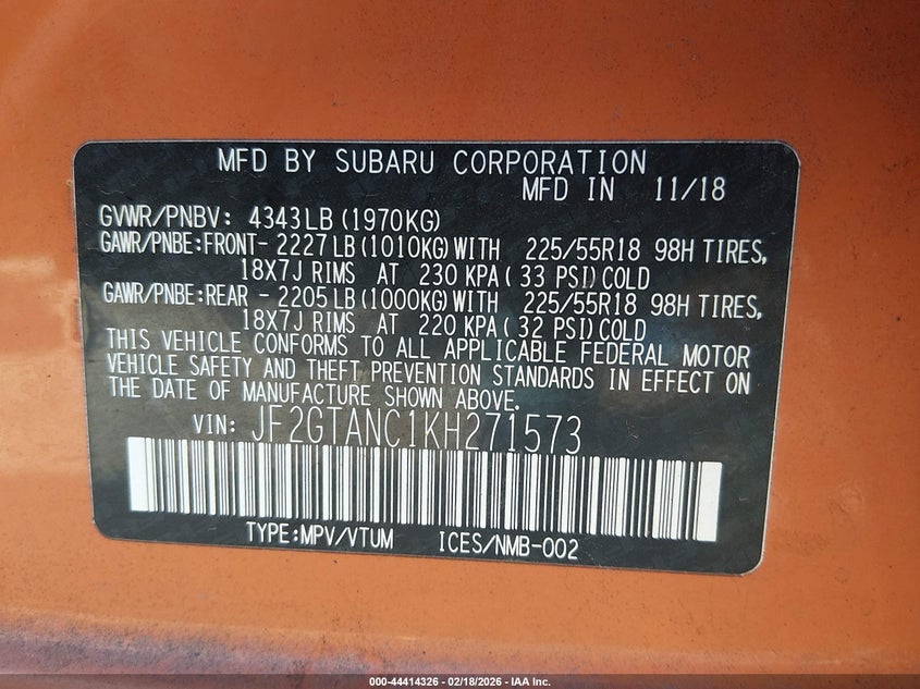 2019 Subaru Xv VIN JF2GTANC1KH271573 IAAI salvage auction — HAIL, Clear (Oklahoma), sold $7,200 on 2026-07-08 (photo 9)