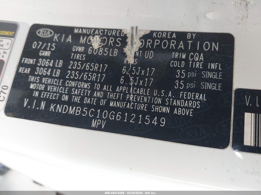 2016 Kia SEDONA VIN KNDMB5C10G6121549 IAAI salvage auction — FRONT END, Other, sold $1,550 on 2026-07-07 (photo 9)