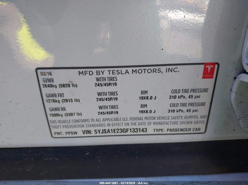 2016 Tesla Model s VIN 5YJSA1E23GF133143 IAAI salvage auction — FRONT END, Salvage Title, sold $1,150 on 2026-07-20 (photo 8)