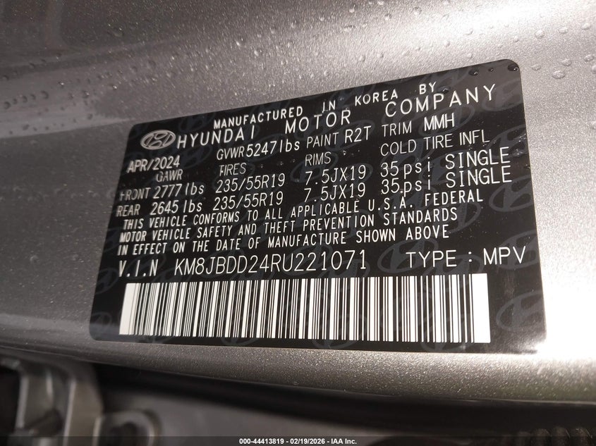 2024 Hyundai Tucson VIN KM8JBDD24RU221071 IAAI salvage auction — FRONT END, Salvage (New Jersey), sold $12,800 on 2026-07-05 (photo 9)