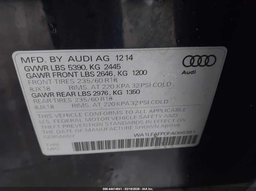 2015 Audi Q5 VIN WA1LFAFP0FA086381 IAAI salvage auction — FRONT END, Salvage Title, sold $2,250 on 2026-07-08 (photo 9)