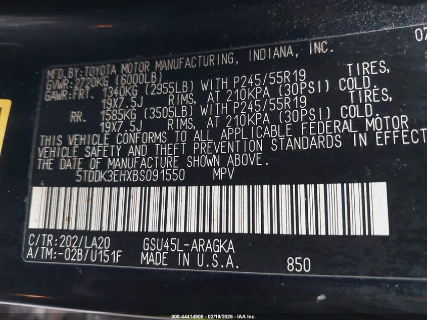 2011 Toyota Highlander VIN 5TDDK3EHXBS091550 IAAI salvage auction — LEFT SIDE, Clear (New York), sold $2,950 on 2026-07-29 (photo 9)