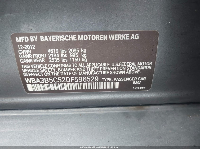 2013 BMW 3er VIN WBA3B5C52DF596529 IAAI salvage auction — FRONT END, Salvage (Mississippi), sold $825 on 2026-08-19 (photo 9)