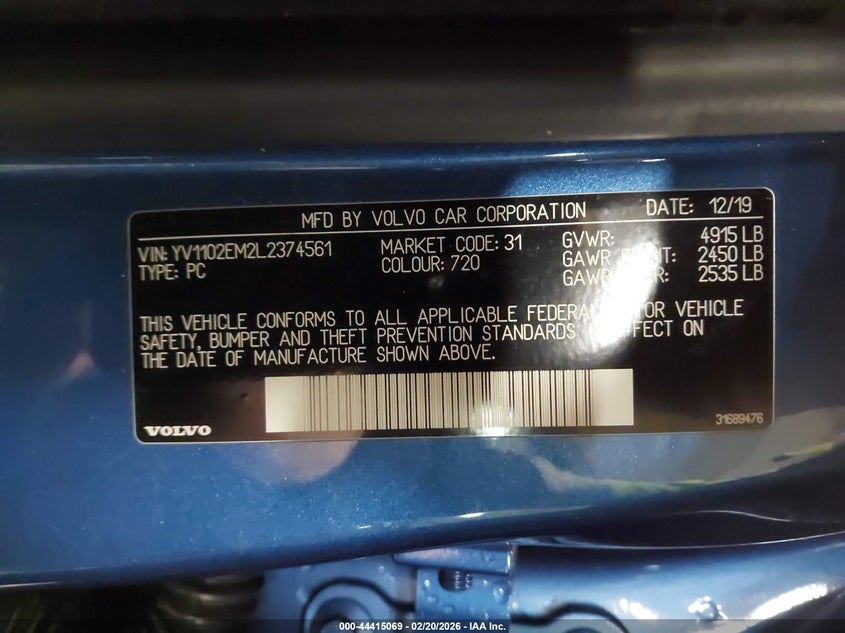 2020 Volvo V60 VIN YV1102EM2L2374561 IAAI salvage auction — FRONT END, Salvage Title, sold $6,825 on 2026-08-10 (photo 9)