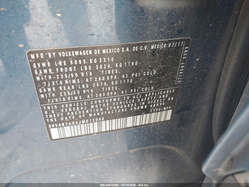 2018 Volkswagen Tiguan VIN 3VV4B7AX4JM012040 IAAI salvage auction — FRONT END, Salvage (Texas), sold $2,050 on 2026-07-29 (photo 9)